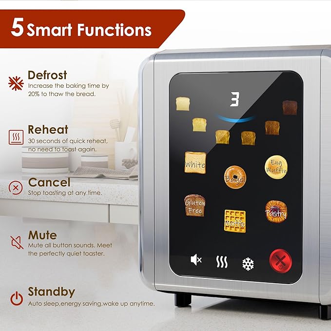WHALL Full Touch Screen Toaster 2 Slice, 1.5'' Wide Slot Stainless Steel Toaster with Digital Timer, 6 Bread Types & 6 Shade Settings, Crumb Tray, Reheat/Defrost, Smart Toasters for Breads, Bagels