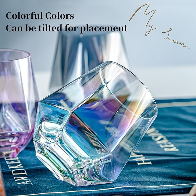 Wine Glasses Set Of 4,Stemless Wine Glass10 Oz Iridescent Glassware Modern Rainbow Wine Glass Colored Tumblers for Red Wine,Cocktail,Whiskey, Bourbon,Gift wine lovers (Iridescent)
