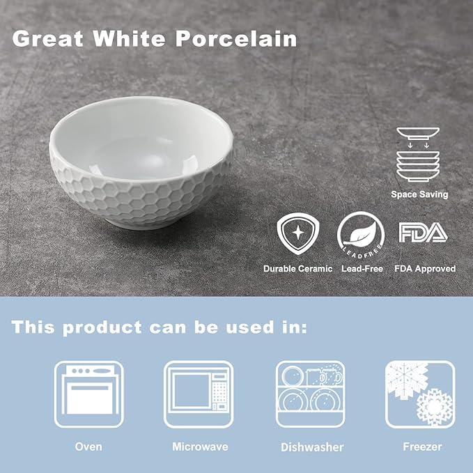 White Porcelain Small Bowls, 4.3 inch Honeycomb Grids Bowls for Ice Cream Yogurt Dessert Fruits 8 Ounce Bowl Set for Food Prep Rice Small Sid