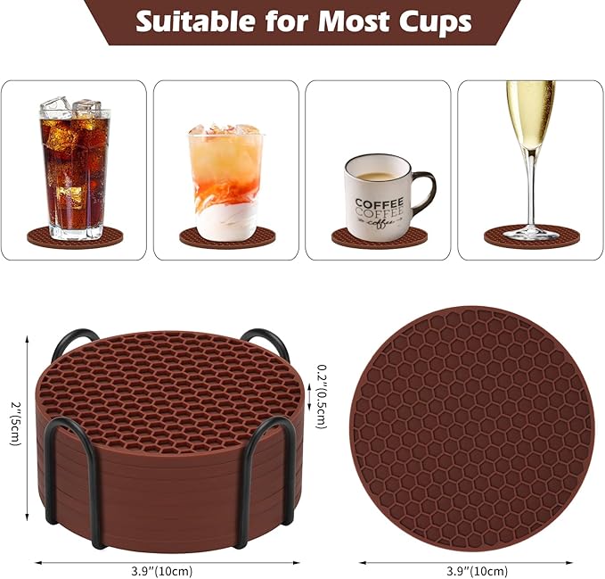 Silicone Coaster Set of 8 with Holder, Drinks Coasters, Beer & Coffee, Anti-Slip, Non-Stick, Anti-Overflow Tabletop Protection and Decor (8 Pcs, Brown)
