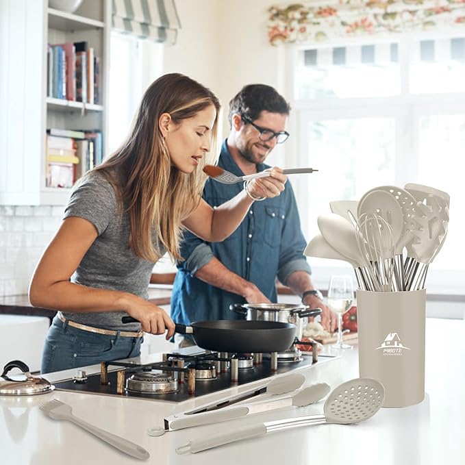 Silicone Kitchen Cooking Utensil Set, Silicone Kitchen Spatula Utensils Set with Stainless Steel Handle,Non-stick Heat Resistant - Best Kitchen Cookware Set-(Khaki)