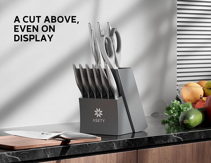 Knife Set - Ultra Sharp Knives Set for Kitchen with block, 15 PCS Stainless Steel Knife Set with Built-in Sharpener, Ergonomic Non-Slip Handle, Christmas Elegant Box for Men Women, Steel Gary