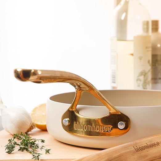 bloomhouse - Two Time Oprah's Favorite Things Winner - 8 Inch Heavy Duty Aluminum Premium PFA Free Ceramic Nonstick Saute/Deep Frying Pan Skillet - Almond Cream w/Gold Handle