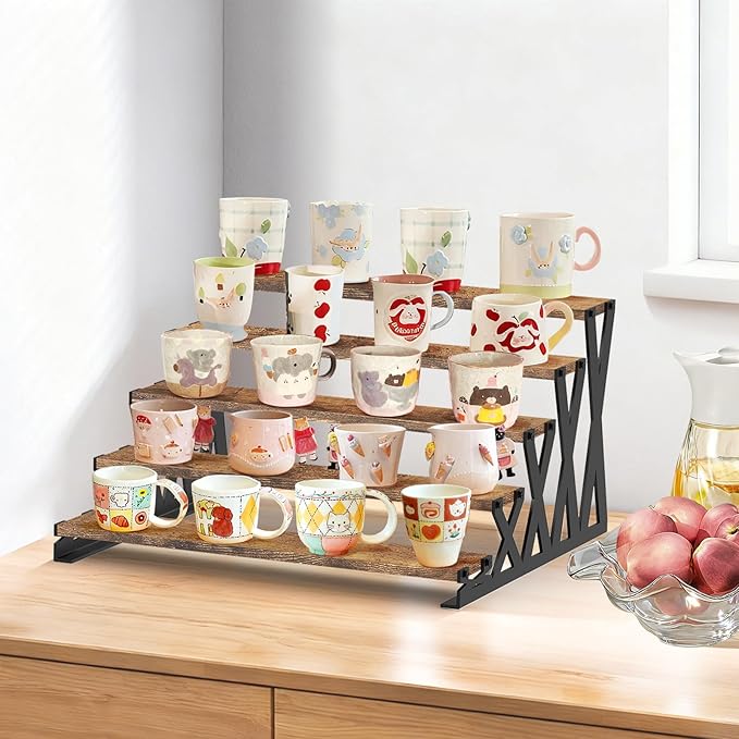 KALYLOC 5 Tier Wooden Display Riser Stand 13.8 Inch Metal Step Cologne Stand Perfume Organizer Tabletop Tiered Display Shelf Rack for Cupcake Spice Figures Cosmetics Candles (Brown, X-Shape)