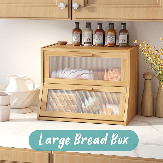 Bread Box for Kitchen Counter, Large Bamboo Wooden Double Layer Large Capacity Bread Storage Bin with Acrylic Wavy Door Panel (Natural)