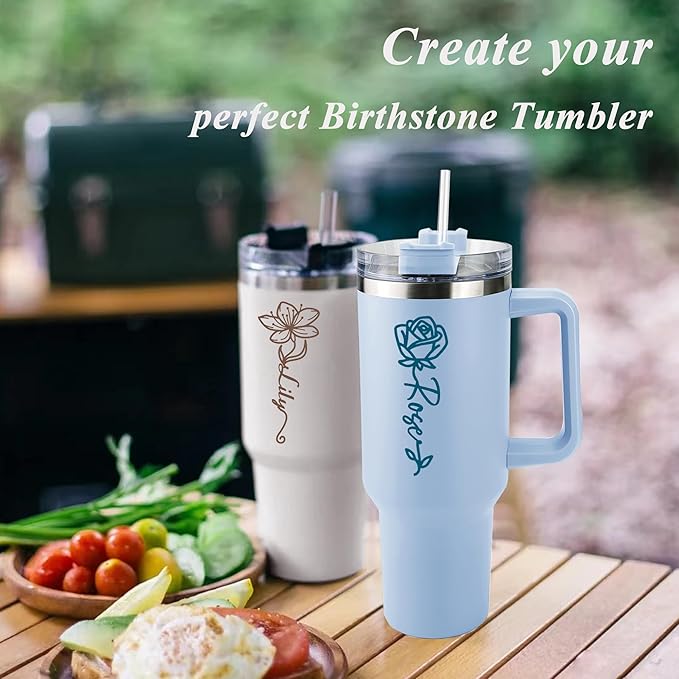ThermoThrill Ships Next Day, Personalized 40 Oz Tumbler with Handle and Straw Custom Tumbler with Text Stainless Steel Mug Birthday Gifts for Women (3.Personalized with Birth Flower, 40OZ)