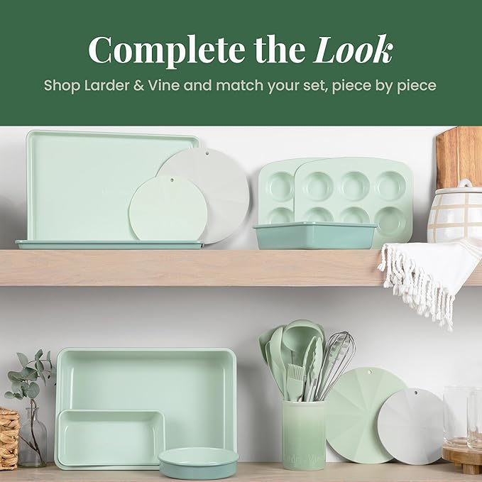 Larder & Vine 12-Piece Silicone Kitchen Cooking Utensils Set with Stainless Steel Handle and Ceramic Holder, Dishwasher Safe Set of Kitchen Essentials (Sage)