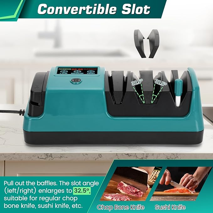Electric Knife Sharpener with LCD Screen for Straight, Serrated, Meat Cleaver, Ceramic Knives & Scissors, 3 Rotational Speed Adjustable Electric Kitchen Knife Sharpener, 100% Diamond Abrasives