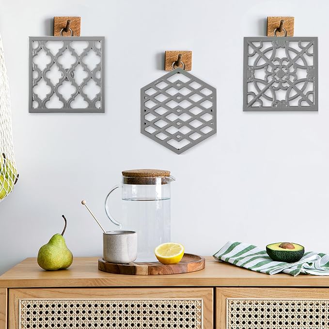 JOGREFUL Cast Iron Trivet Mats, Kitchen Pot Holders to Portect Table/Countertops, Heat Resistant Mats for Teapot/Hot Dishers/Plates, Vintage Mats with Weighted-Base, Hexagon Gray