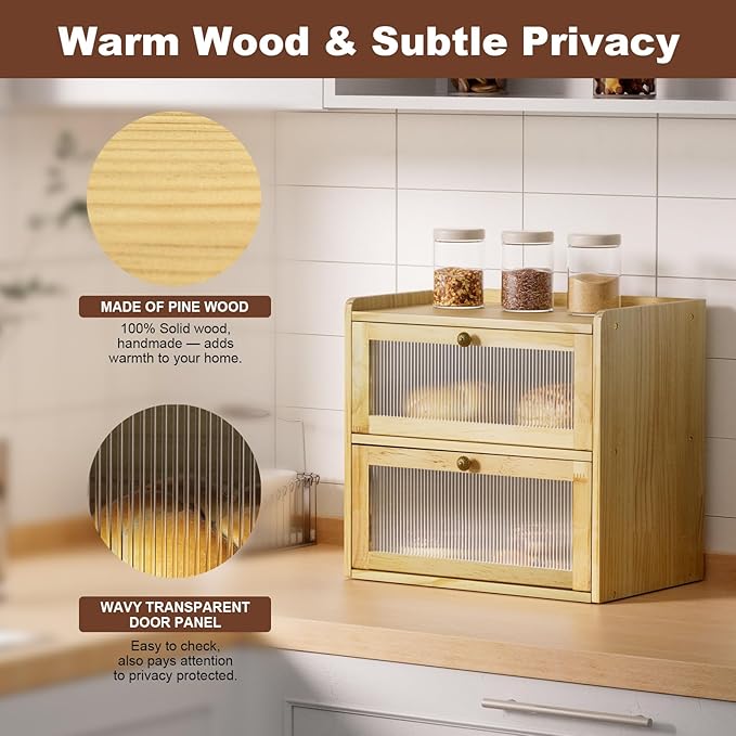 Bread Box for Kitchen Countertop Wooden Bread Storage Container Bin 2 Layer Corner Breadbox Large Capacity, Vintage Farmhouse Food Organizer Pantry Shelf with Window Natural Pine Wood