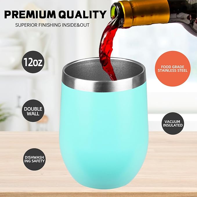 StarSpeed 12oz/8 Pack Wine Tumbler with lid, Stainless Steel Travel Mugs Stemless Double Wall Insulated Coffee Cup, Insulated Wine Glasses Travel Tumbler for Cold & Hot Drinks(Light Green, 8)