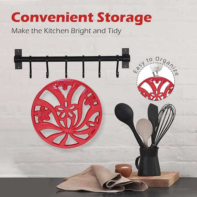Vintage Cast Iron Trivet, Heat-Resistant Metal Trivet for Hot Dishes Pots Pans with Daffodil Pattern for Tabletop Protection, Red