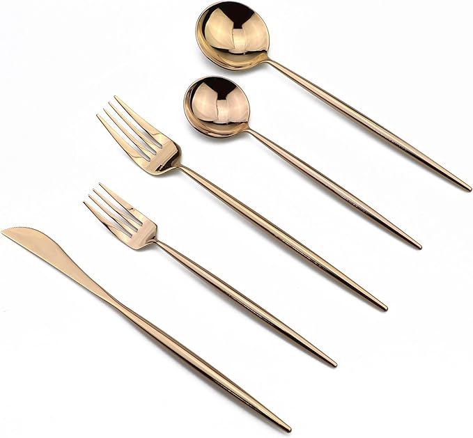 5-Piece Flatware Set, 18/10 Stainless Steel Dishwasher Safe, Mirror Polishing Rose Gold