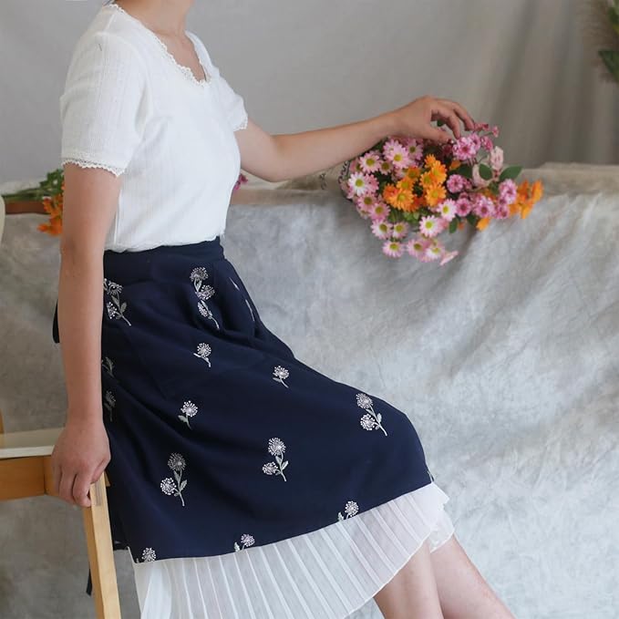 Cotton Long Bistro Half Apron for Woman, Big Pockets, Embroidered Flower, Extra Long Waist Ties, Cook Chore Waitress