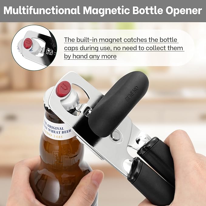 Beneno Upgrade Smooth-Operating Manual Can Opener with Magnet Lid Lifter, Ultra Sharp Steel Cutting Wheel & Easy Turn Knob, Comfort Grip Handles Effortless to Use, Multifunction Bottles Opener, Black