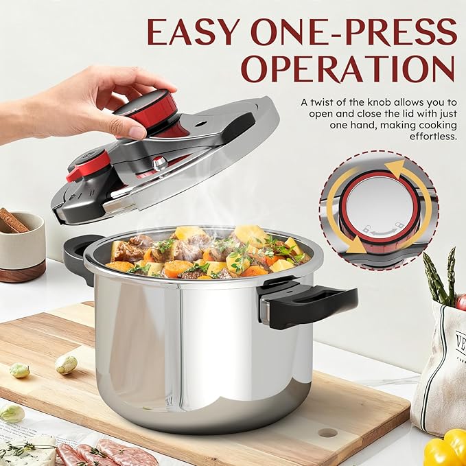 BreeRainz 8.45QT 304 Stainless Steel Pressure Cooker, 3-Stage PSI Settings, One-Hand Locking,Explosion-Proof Pot w/Extra Glass Lid, Timer, Steaming Rack(Induction Compatible)
