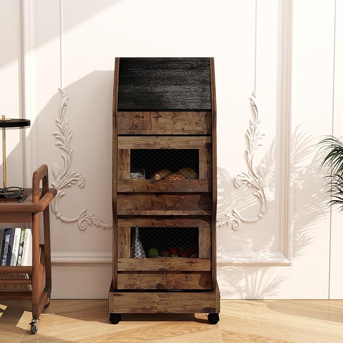 ARTETHYS Potato Storage Bin Movable Bread Box with Lid Rustic and Wheels Onion Organizer with Grocery Section Decorative Vegetable Organization Cabinet for Kitchen