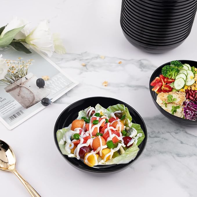 bUCLA 50Pack Black Plastic Bowls - 10oz Disposable Black Plastic Salsa/Serving Bowls - Ideal for Party & New Year