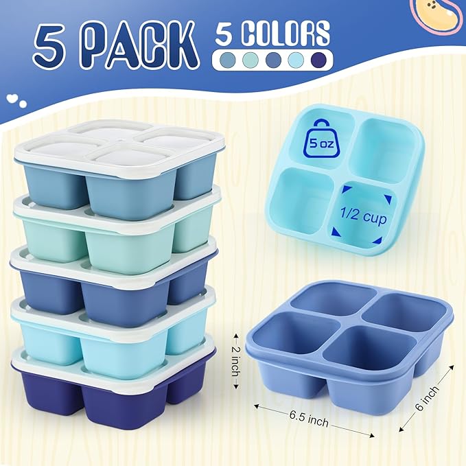 Honeydak 5 Pack Snack Containers 4 Compartment Bento Snack Boxes Reusable Lunchable Containers with Lids Divided Meal Prep Lunch Food Storage Box for School Work Travel(Blue Ombre,Equal)