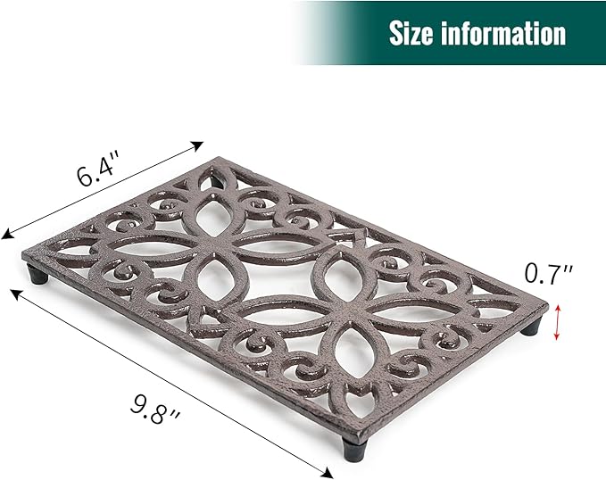 Sungmor Rectangle Cast Iron Trivets, Metal Trivet for Hot Pots and Pans, Heavy Duty Rustic Wood Stove Tea Pot Trivet, Decorative Hot Pot Holder for Kitchen Counter and Dining Table