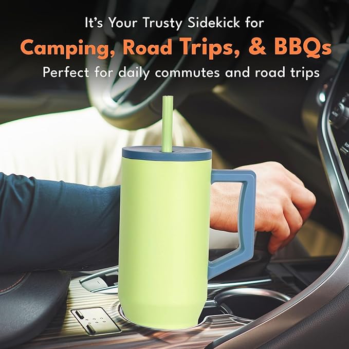 Elemental 40 oz Tumbler with Handle and Straw - Spill Proof Insulated Stainless Steel Commuter for Hot and Cold Beverages - Travel Coffee Mug with 2 Straws & Spill Proof Lid - 40oz - Sage Mist