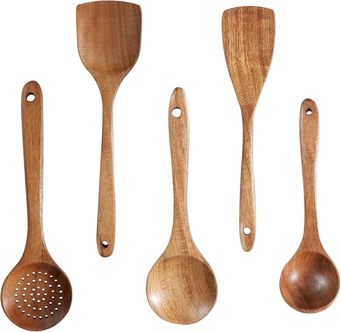 Handcrafted Acacia Wood Kitchen Utensil Set, 5 PCS Natural Brown Cooking Spoons and Slotted Spatulas, Premium Wooden Serving Tools for Kitchen (5Spoon)