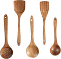 Handcrafted Acacia Wood Kitchen Utensil Set, 5 PCS Natural Brown Cooking Spoons and Slotted Spatulas, Premium Wooden Serving Tools for Kitchen (5Spoon)