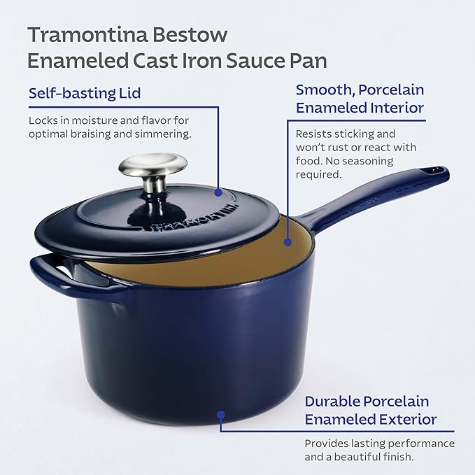 Tramontina Bestow Enameled Cast Iron Sauce Pan with Lid, 2.5-quart, Blue