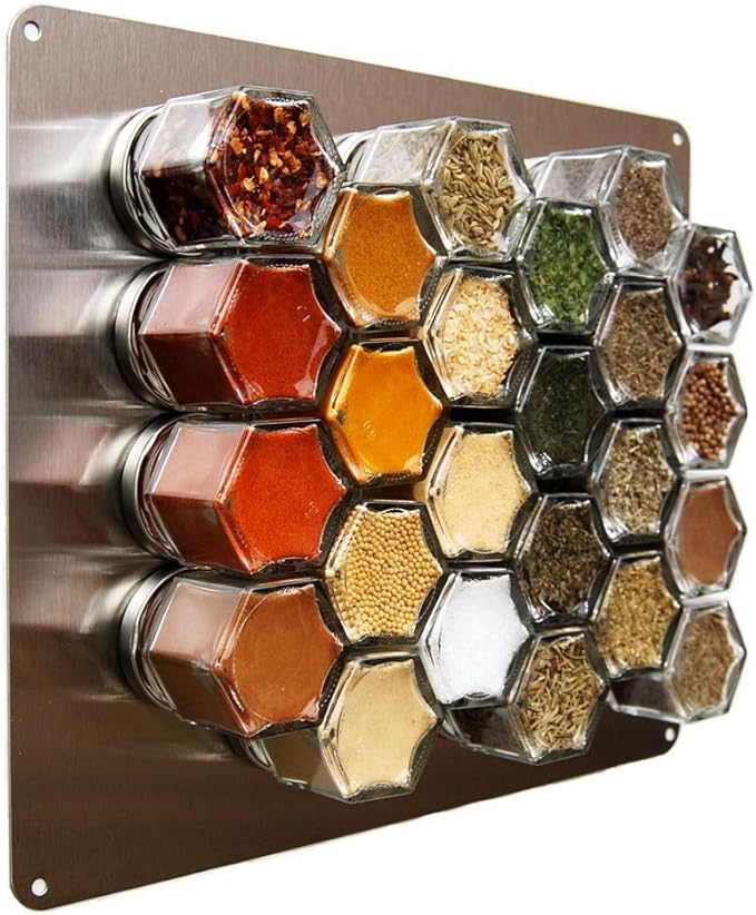 Gneiss Spice DIY Wall Hanging Magnetic Spice Rack (24 Small Jars, Silver Lids, 10x12 Stainless Plate)