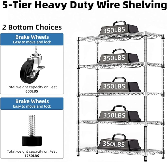 5-Tier 2200LBS Storage Shelves,Adjustable Wire Shelving for Pantry Organizers and Storage Heavy Duty Garage Shelving for Kitchen, Basement,Warehouse(Chrome,17,7Dx 47.2" W x 76.7" H)