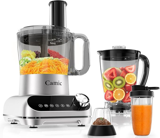 Camic Blender & Food Processor Combo,600W,6 Functions for Smoothies,Chopping,Slicing,Shredding,Grinding,Dough & More,72-oz.Blender Pitche,64-oz. Processor Bowl,13-oz. To-Go Cup,6-oz. Grinder Cup