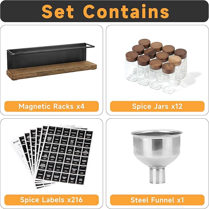 Wooden Lid Magnetic Spice Rack with 12 Jars, 216 Labels, 1 Steel Funnel for Refrigerator，Microwave Oven - Full Set of Spice Organizer