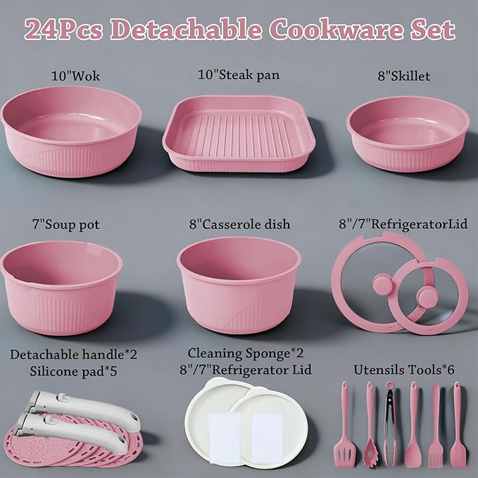 24 Pcs pots and pans set,pots and pans set non stick,Oven-safe and dishwasher-safe,PFAS/PFOA Free,Induction Dishwasher Oven Safe cookware set (Pink)