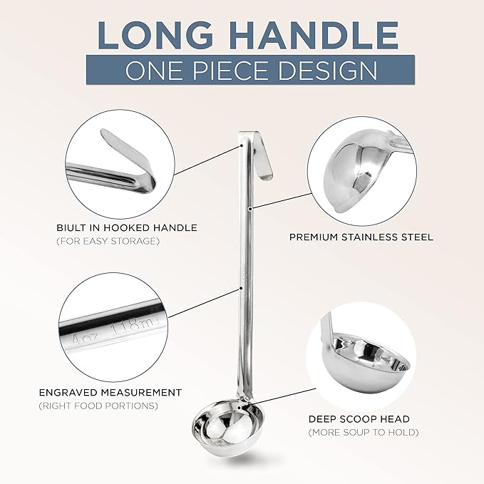Fit Meal Prep Stainless Steel Soup Ladle - One-Piece Sauce Spatula with Hook Handles, Commercial Grade Serving Spoon, Kitchen Tool for Restaurant or Home Cooking, 13.75” Long - [Pack of 2] 4 Oz