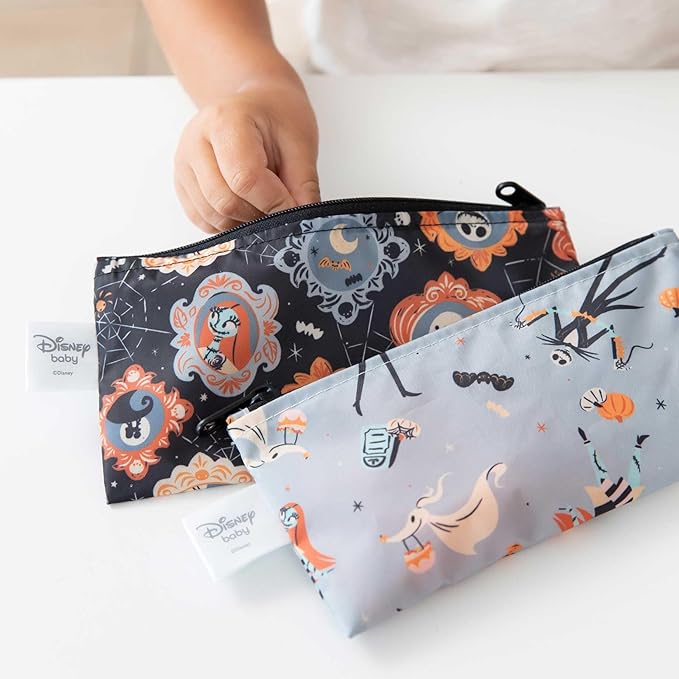 Bumkins Disney Reusable Snack Bags, for Kids School Lunch and for Adults Portion, Washable Fabric, Waterproof Cloth Zip Bag, Supplies Travel Pouch, Food-Safe Storage, 2-pk Nightmare Before Christmas