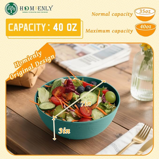 Homienly Wheat Starw Bowls, Bowl Set, Large Cereal Bowls, Serving Bowl Set of 6, Microwave and Dishwasher Safe, 40 OZ, Large Bowls for Salad, Soup, Ramen, Fruit,Dinner, Reusable, Stackable - Green