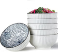 QINLANG 6 Inch Blue and White Porcelain 30 oz Bowls Set of 6 for Soup, Cereal, desserts, ice cream and Rice - Leaf Pattern