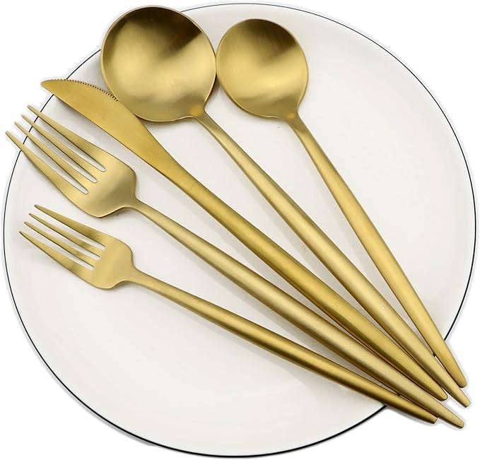 20-Pieces Gold 18/10 Stainles Steel Flatware Set, Knife Fork Spoon Silverware Set, Dinnerware Set Service for 4, Matte Finish, Dishwasher Safe