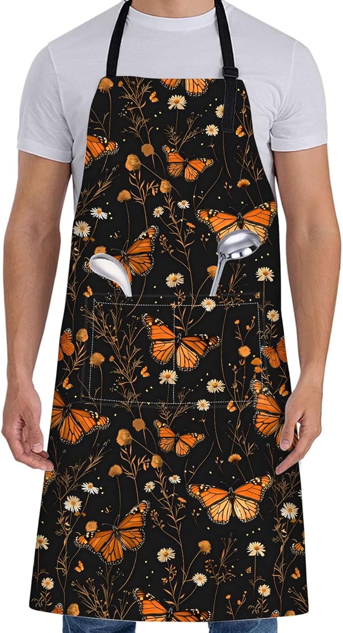 Cute Butterfly Apron for Women with Floral,28x33in,Autumn Nature Kitchen Aprons with 2 Pockets,Oxford Fabric,Elegant Adjustable Apron for Cooking Baking Gardening Chef,Gifts for Mom Wife