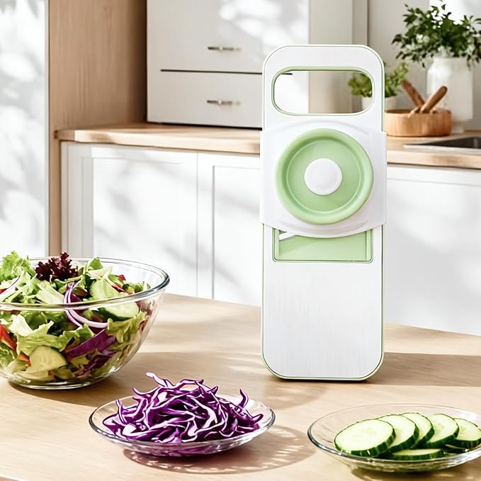Stainless-Steel Mandoline Slicer for Kitchen, 6-in-1 Vegetable & Cucumber Slicer with Safety Guard, Easy-Clean Design, Compact Space-Saving Tool for Daily Salad & Meal Prep (Mint Green)