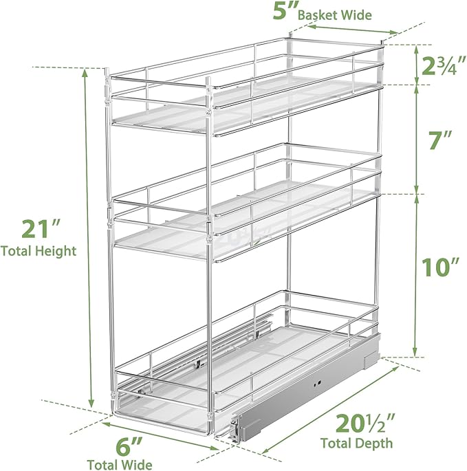 Pull Out Spice Rack Cabinet Organizer (6" W X 20½" D),3 Tier Slide Out Drawer for Narrow Cabinet, Pull Out Shelves Under Cabinet Storage for Kitchen