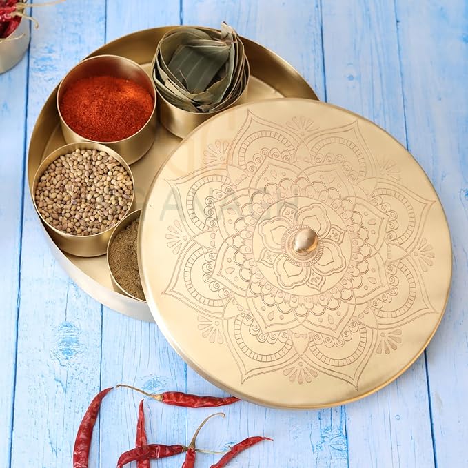 Brass Round Spice Box Masala Dabba-Spice Box Set With Spoon Container 90 ML Indian Masaladanni for Kitchen Counter With Spoon (Floral, 7 Inch)