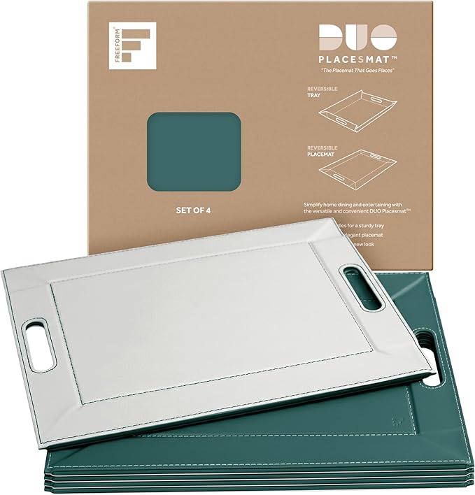 PLACEsMAT 2-in-1 Faux Leather Placemat & Serving Tray | Reversible Design, Lays Flat & Easy to Clean | Ottoman Food Tray, Perfect Housewarming Gift, 18” x 14” (Soft Teal & White, Set of 4)