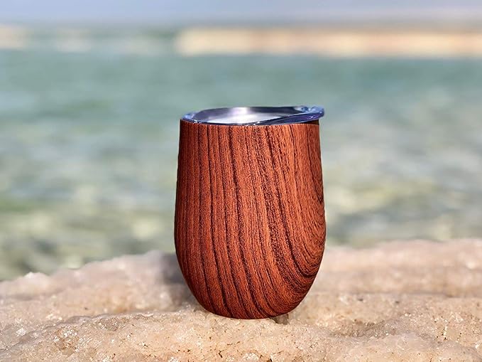 CHILLOUT LIFE 12 oz Stainless Steel Wine Tumbler with Lid - Double Wall Vacuum Insulated Wine Cup Glass Keeping Cold & Hot for Coffee, Champagne, Cocktails, Ice Cream - Wood