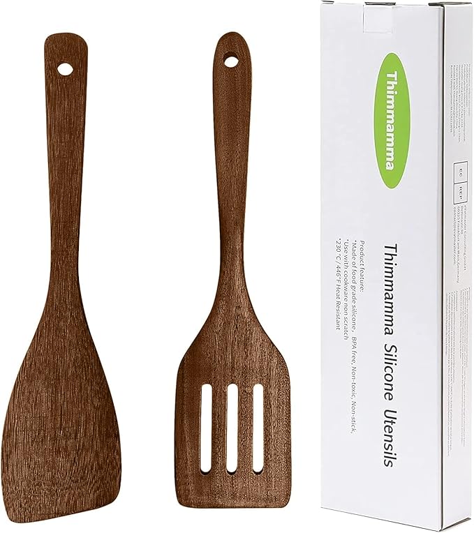 Wooden Spatula Nonstick Turner Acacia Wood, 12" Long Handle Flat Frying Spatulas Handmade for Kitchen Gifts, Ideal Cookware Utensils for Cooking Eggs, Fish, Pancakes, 2 Pack