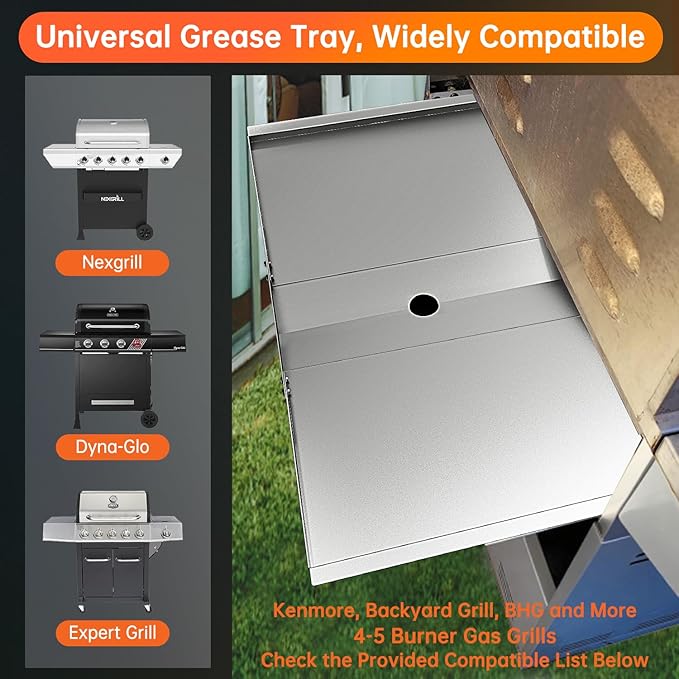 Universal Grease Tray with Catch Pan - Dyna Glo Grill Replacement Parts, Adjustable 24"-30" Drip Pan for 4/5 Burner Gas Grill Models from Nexgrill, Dyna-Glo, Expert Grill, Kenmore, BHG & More