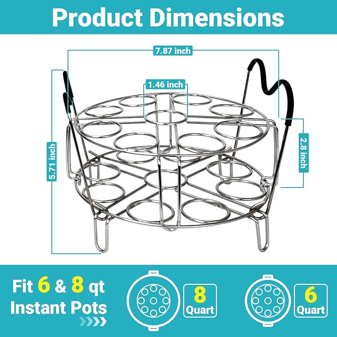 Instant Pot Egg Rack- Stackable 304 Stainless Steel Egg Steamer Rack | Holds 18 Eggs | Heat-Resistant Handles | Fits 6qt & 8qt Pressure Cookers | Egg Holder for Boiled Eggs
