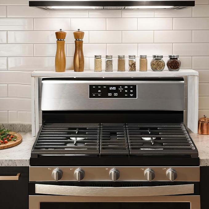 SwallowLiving Stove Shelf for Back of Stove, Solid Wood Over the Stove Shelf, Space-Saving Above Stove Spice Rack, Stove Top Shelf for Kitchen Organization, White