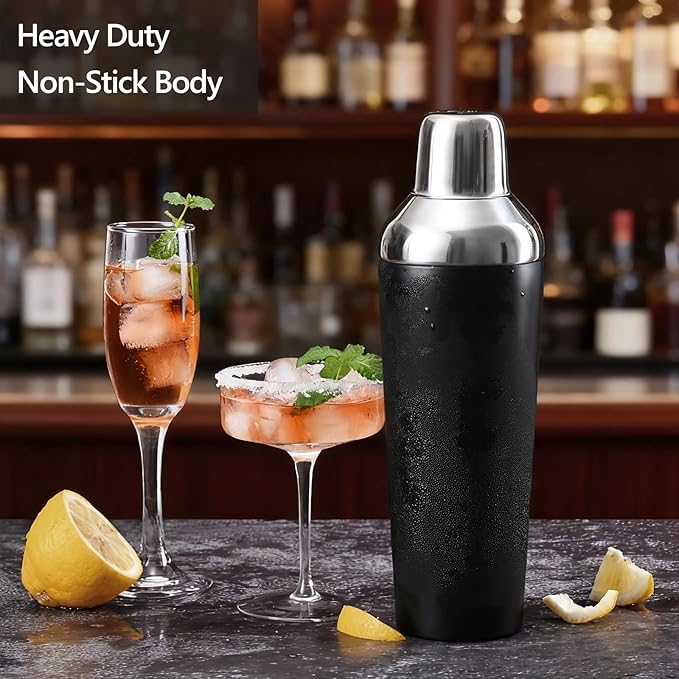 Insulated Cocktail Shaker Black - 23oz Double Wall Vacuum Stainless Steel Martini Shaker with Built-in Strainer & Jigger Lid, Pro Leak-Proof Weighted Shaker for Home Bar, Premium Bar Gift Set