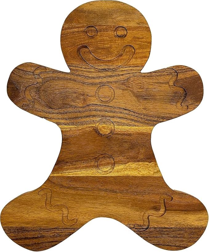 Wood Cutting Chopping Board for Kitchen Christmas Gift Gingerbread Shaped with Grooves, Decorative Wooden Cutting Board for Cheese & Charcuterie.Serving Platter 33.8L x 27.3W cm Brown